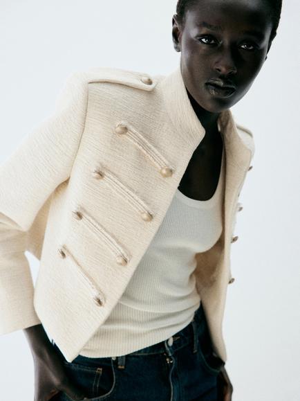 Mango Textured Button Detail Cropped Jacket, Raw, Raw