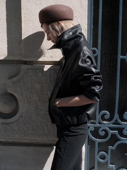 Mango High Neck Cropped Leather Jacket, Black, Black