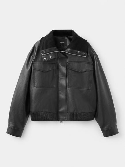 Mango Cropped Long Sleeve Ribbed Collar Jacket, Black, Black