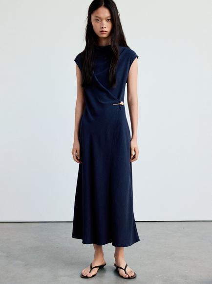 Mango Jewel Detail Draped Maxi Dress, Midnight Blue, Midnight Blue