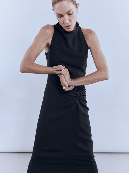 Mango Draped Neckline Ruched Dress, Black, Black