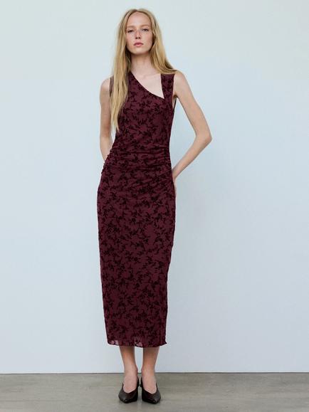 Mango Asymmetric Floral Midi Dress, Bordeaux, Bordeaux