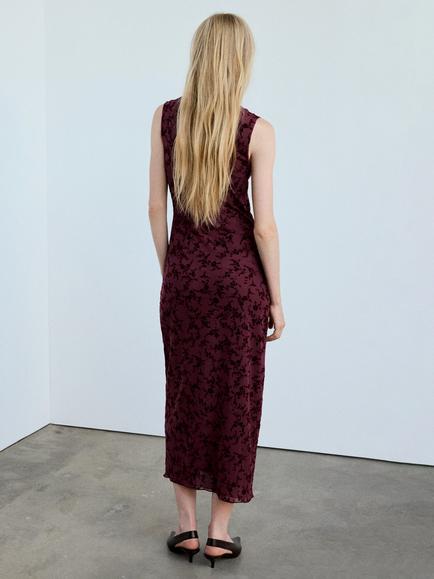 Mango Asymmetric Floral Midi Dress, Bordeaux - view 2, Bordeaux