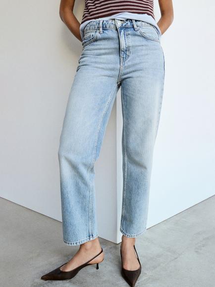 Mango Mid Rise Straight Leg Cropped Jeans, Light Blue, Light Blue