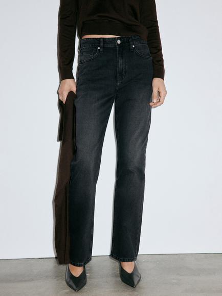 Mango High Rise Straight Leg Jeans, Black, Black