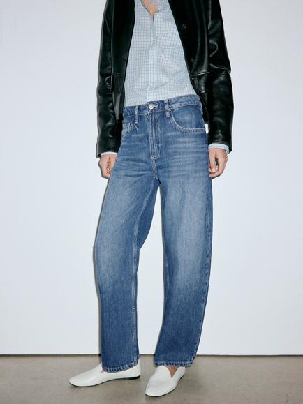 Mango High-Rise Wide-Leg Jeans, Mid Blue, Mid Blue