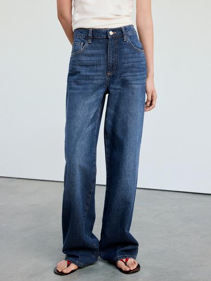 Mango Mid Rise Longline Straight Jeans, Dark Blue, Dark Blue