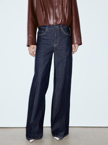 Mango High Waist Wide Leg Longline Jeans, Dark Blue, Dark Blue