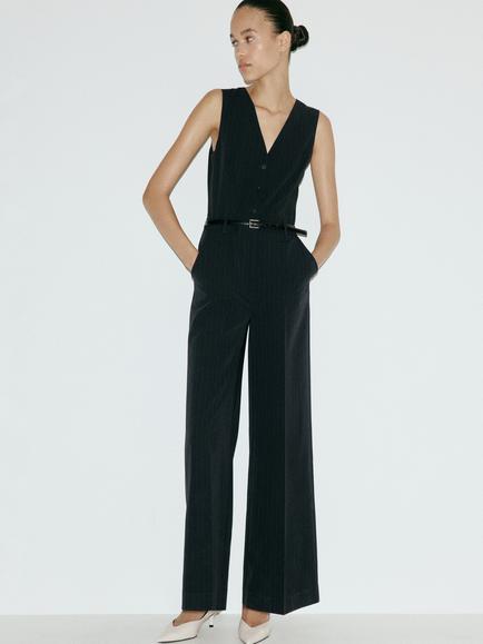 Mango V-Neck Wide Leg Jumpsuit, Navy, Navy
