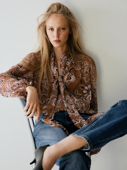 Mango Floral Print Tie Neck Blouse, Brown, Brown