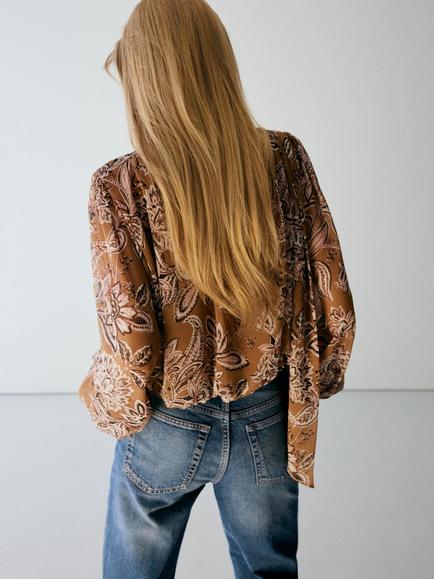 Mango Floral Print Tie Neck Blouse, Brown - view 2, Brown