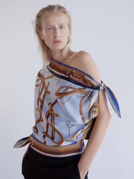 Mango Asymmetric Knot Detail Printed Blouse, Sky Blue, Sky Blue