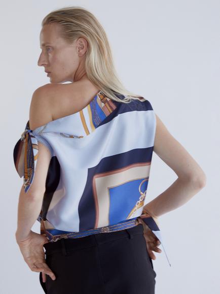 Mango Asymmetric Knot Detail Printed Blouse, Sky Blue - view 2, Sky Blue