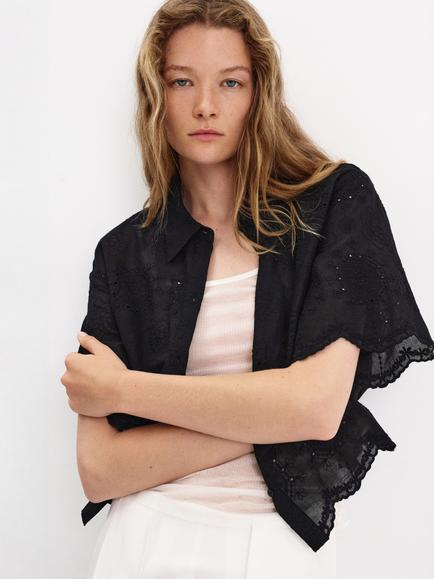 Mango Embroidered Short Sleeve Cropped Shirt, Black, Black