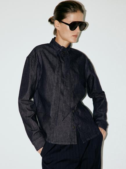 Mango Relaxed Tie Neck Shirt, Dark Blue, Dark Blue