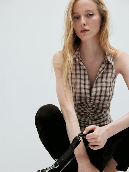 Mango Ruched Sleeveless Shirt, Brown, Brown