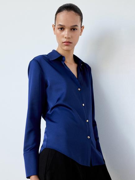 Mango Collared Long Sleeve Satin Effect Shirt, Blue, Blue