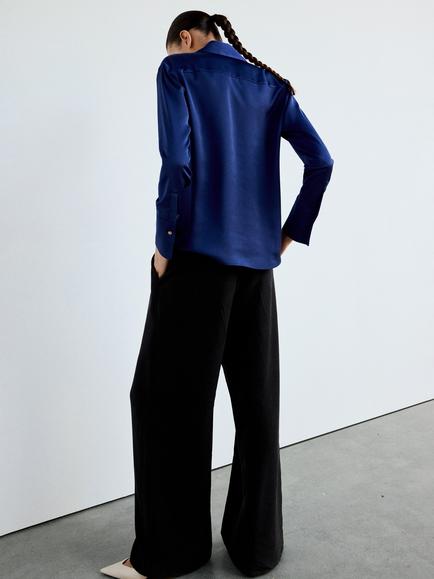 Mango Collared Long Sleeve Satin Effect Shirt, Blue - view 2, Blue