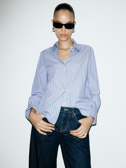 Mango Striped Relaxed-Fit Button-Down Shirt, Blue