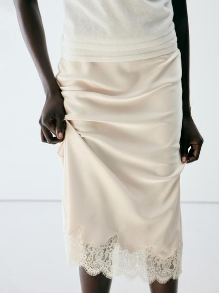 Mango Lace Trim Midi Slip Skirt, Raw, Raw