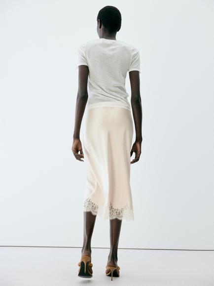 Mango Lace Trim Midi Slip Skirt, Raw - view 2, Raw