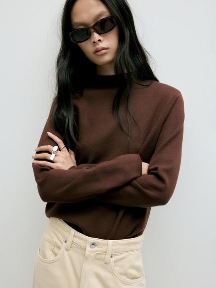 Mango Jersey High Neck Top, Chocolate
