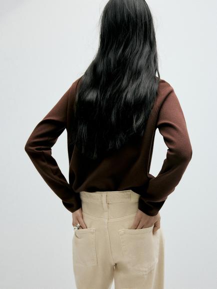 Mango Jersey High Neck Top - view 2, Chocolate