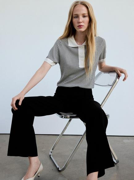 Mango Ribbed Polo Stripe Knit Jumper, Raw/Black, Raw/Black