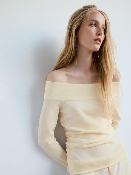 Mango Off-Shoulder Long Sleeve Knit Top, Raw, Raw