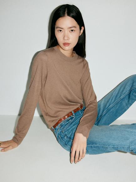 Mango Round Neck Long Sleeve Knit Jumper, Taupe