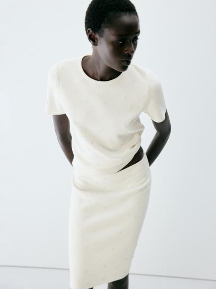 Mango Fine Knit Beaded Top, Raw, Raw