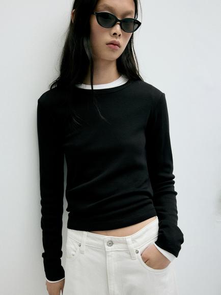 Mango Eni Cotton Long Sleeve Top, Black