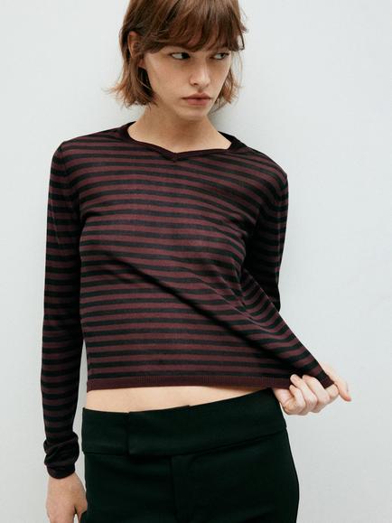 Mango Striped V-Neck Long Sleeve Knit Top containing TENCEL™ Lyocell, Wine/Black, Wine/Black