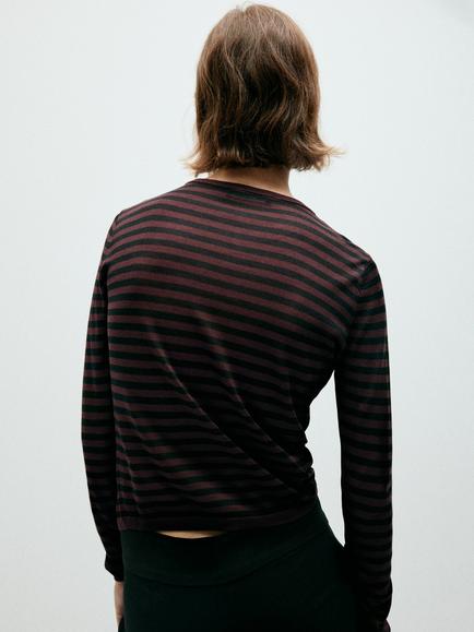 Mango Striped V-Neck Long Sleeve Knit Top containing TENCEL™ Lyocell, Wine/Black - view 2, Wine/Black