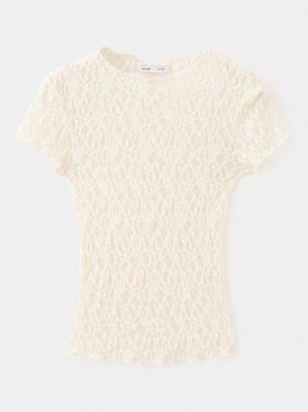 Mango Sheer Lace Round Neck T-Shirt, Brown, Raw