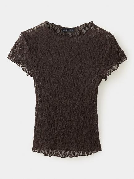 Mango Sheer Lace Round Neck T-Shirt, Brown, Brown