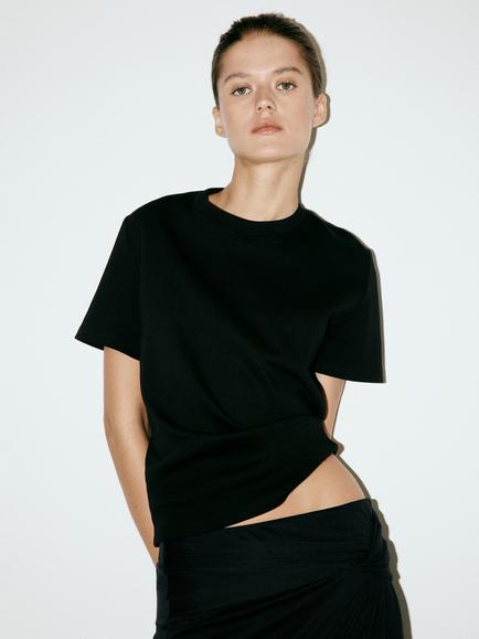 Mango Pure Cotton Crew Neck T-Shirt, Black, Black