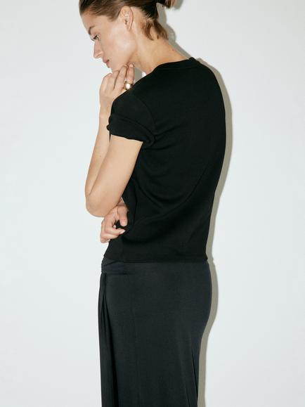 Mango Pure Cotton Crew Neck T-Shirt, Black - view 2, Black