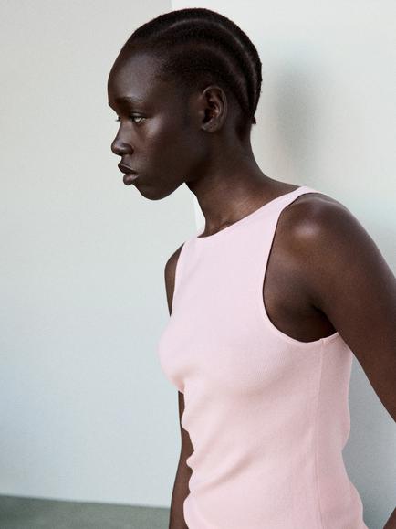 Mango Cotton Blend Ribbed Boat Neck Tank Top, Pastel Pink, Pastel Pink