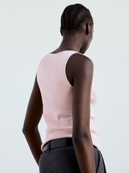 Mango Cotton Blend Ribbed Boat Neck Tank Top, Pastel Pink - view 2, Pastel Pink