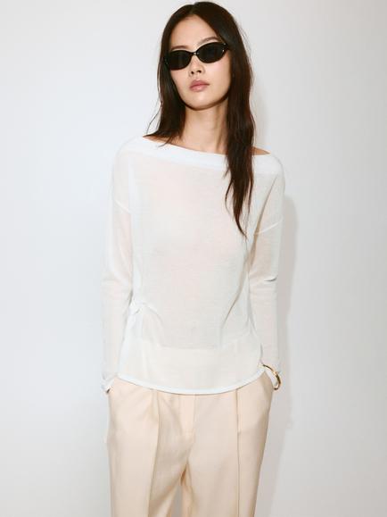 Mango Side Tie Boat Neck Long Sleeve Knit Top, Off White, Off White
