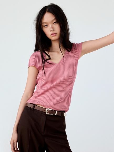 Mango Ribbed V-Neck Draped Top, Strawberry, Strawberry