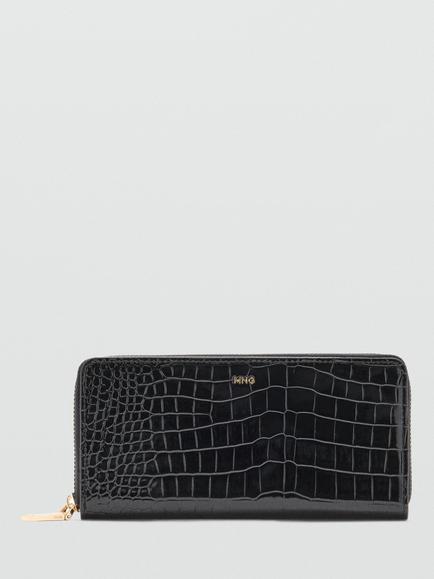 Mango Croc Effect Zip-Around Wallet, Black, Black
