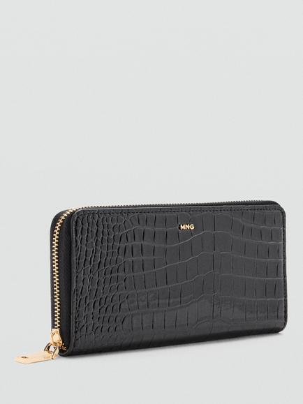 Mango Croc Effect Zip-Around Wallet, Black - view 2, Black