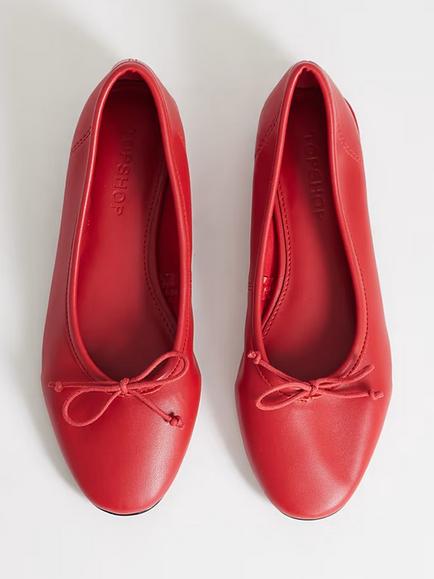 Topshop Dottie Bow Ballet Flats, Red - view 2, Red