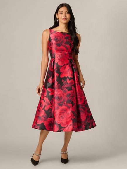 Adrianna Papell Boat Neck Floral Tea Dress, Red/Black, Red/Black