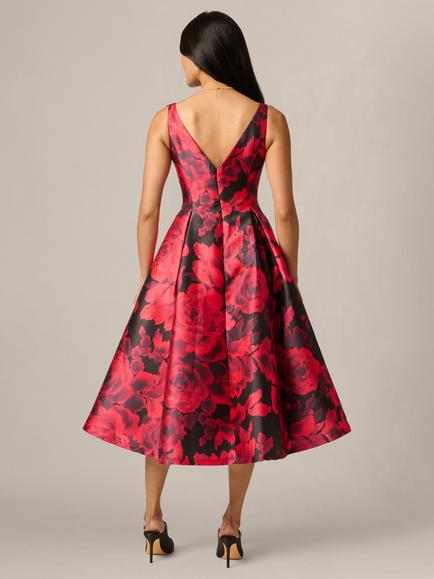 Adrianna Papell Boat Neck Floral Tea Dress, Red/Black - view 2, Red/Black