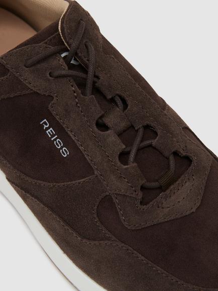 Reiss Grant Suede Lace Up Trainers - view 2, Chocolate Brown