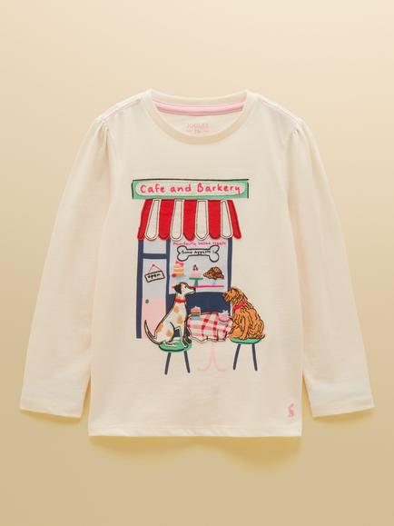 Joules Kids' Ava Cotton Long Sleeve Applique Top, Cream, Cream