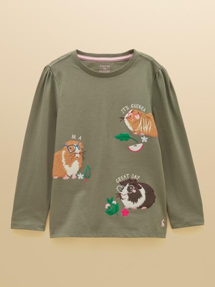 Joules Kids' Ava Cotton Long Sleeve Applique Top, Khaki Green, Khaki Green